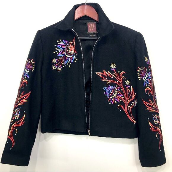 Signature Gordon & James Black Wool Colorful Embroidered Crop Jacket - Picture 3 of 15